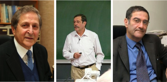 A gauche, Claude Cohen-Tanoudji, prix Nobel en 1997 pour ces travaux sur les atomes ultra-froids, au centre, Alain Aspect, prix Wolf en 2012 pour ses travaux sur l'intrication, et à droite, Serge Haroche, prix Nobel de physique en 2012 pour ses travaux sur la décohérence quantique.